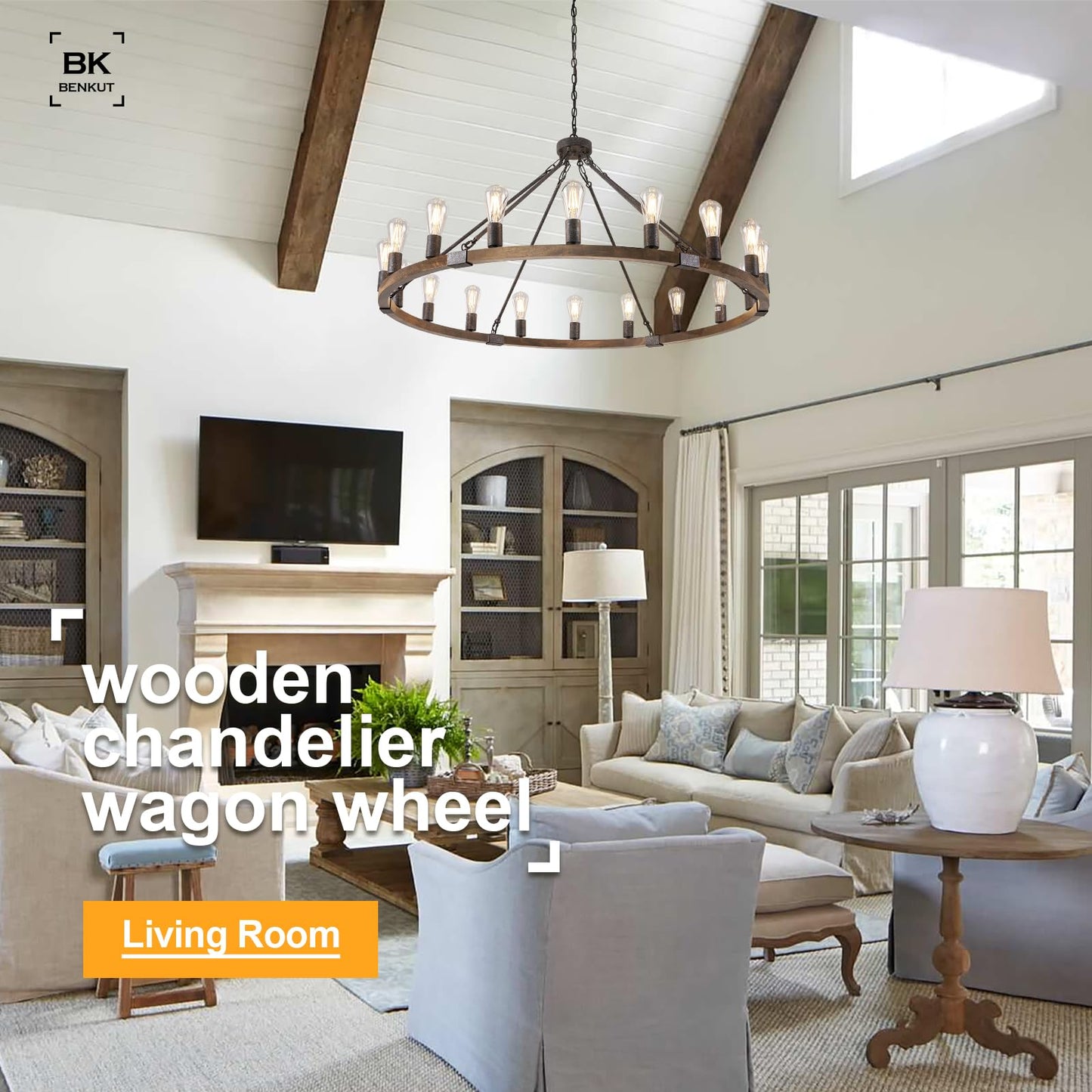 Benkut Farmhouse Wagon Wheel Chandelier 47" Black Rustic Light Fixtures 18-Light Wood Round Chandelier for Foyer Living Room Entryway Dining Room