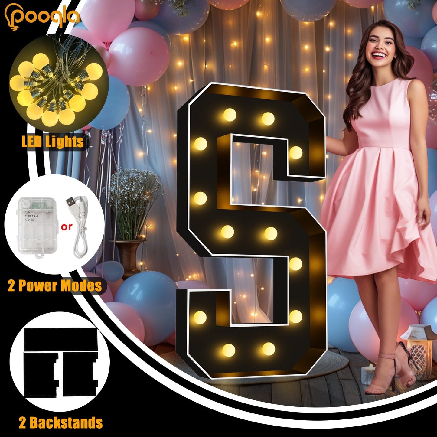 Pooqla 4 FT Marquee Light Up Letters, Black Marquee Letter Lights 4 Feet Tall, Giant Mosaic Sign Big for Balloons Birthday Party Anniversary Wedding Decorations, Warm White Letter Q