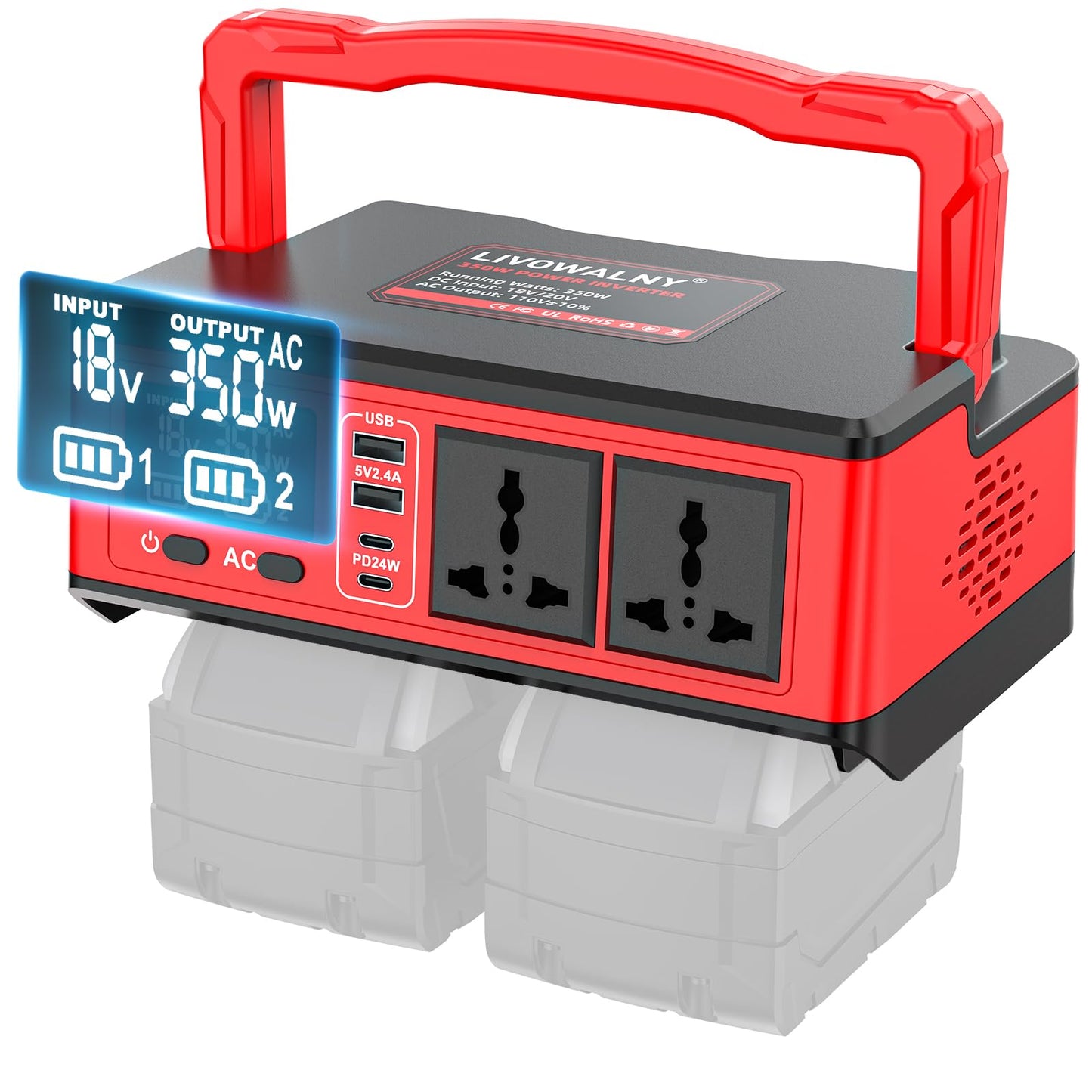 350W Power Station Compatible with Milwaukee: LIVOWALNY Portable Generator DC 18V to AC 110-120V Power Inverter Battery Adapter