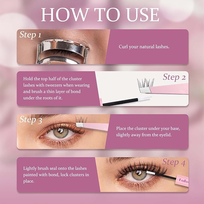 FADLASH Natural Lash Extension Kit Lash Clusters Kit 9-12mm Cluster Lashes Eyelash Exctensions with Lash Bond and Seal and Lash Tweezers DIY at Home (SLYW Kit)