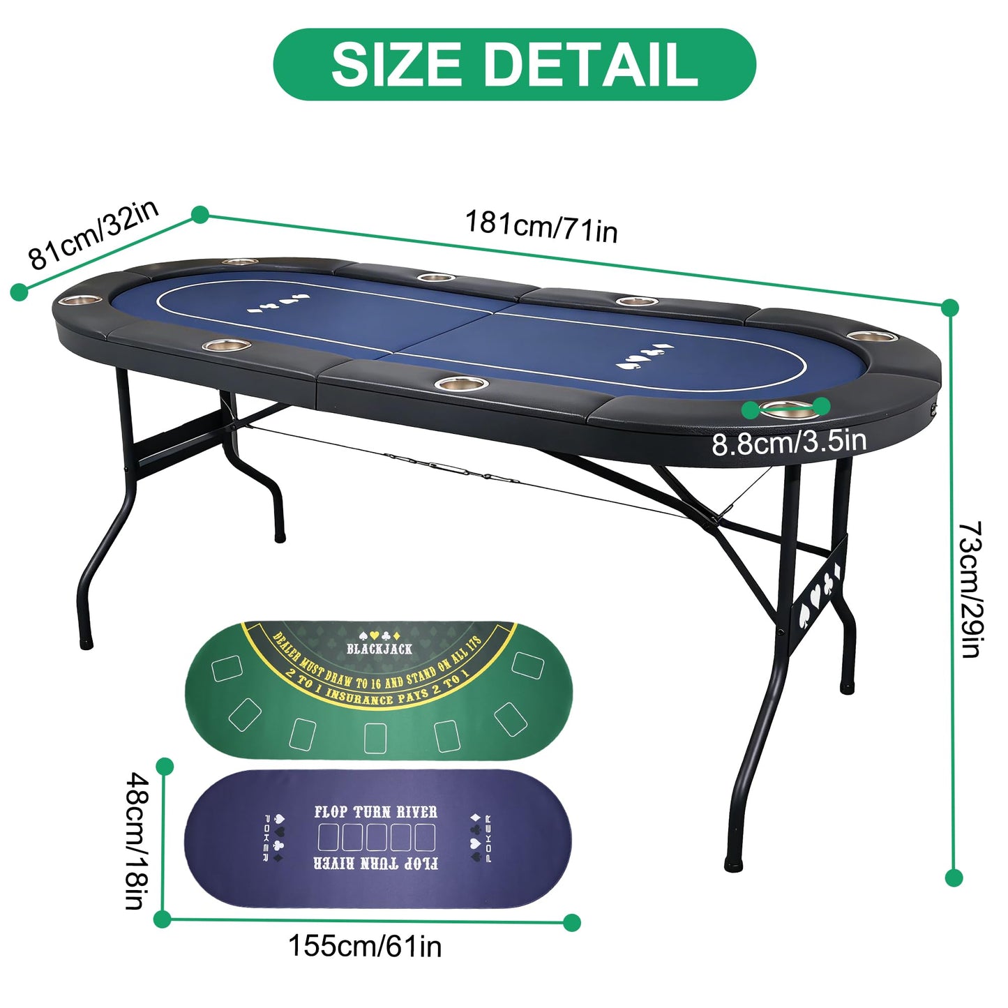JeeSaleTec Folding Poker Table for Texas Holdem&Blackjack, 8 Players Poker Table with Double-Sided Reversible Poker Mat, 8 Cup Holders and Casino Quality Soft Felt.
