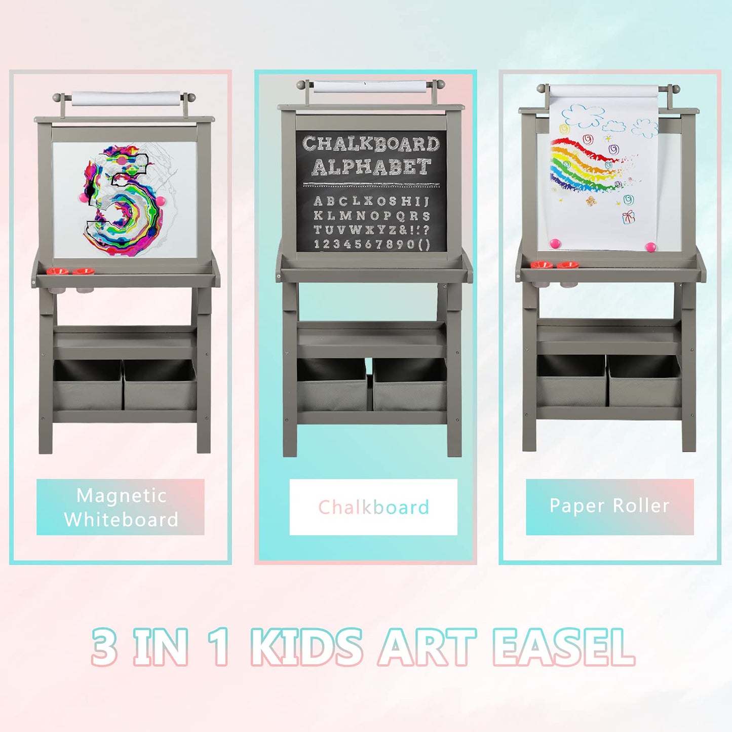 Kinder King 3 in 1 Kids Art Easel w/Storage, Double-Sided Magnetic Whiteboard & Chalkboard, Dry-Erase Board w/Paper Roller, Toddler Children Standing Easel for Painting & Drawing, Accessories(Grey)