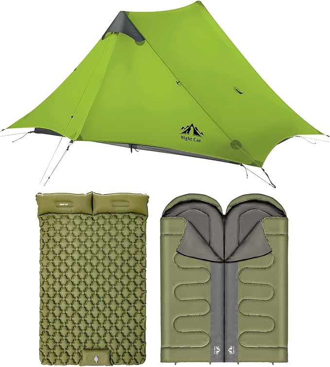 Night Cat Ultralight Tent 2 Person with Double Sleeping Bag and Inflatable Double Sleeping Pad
