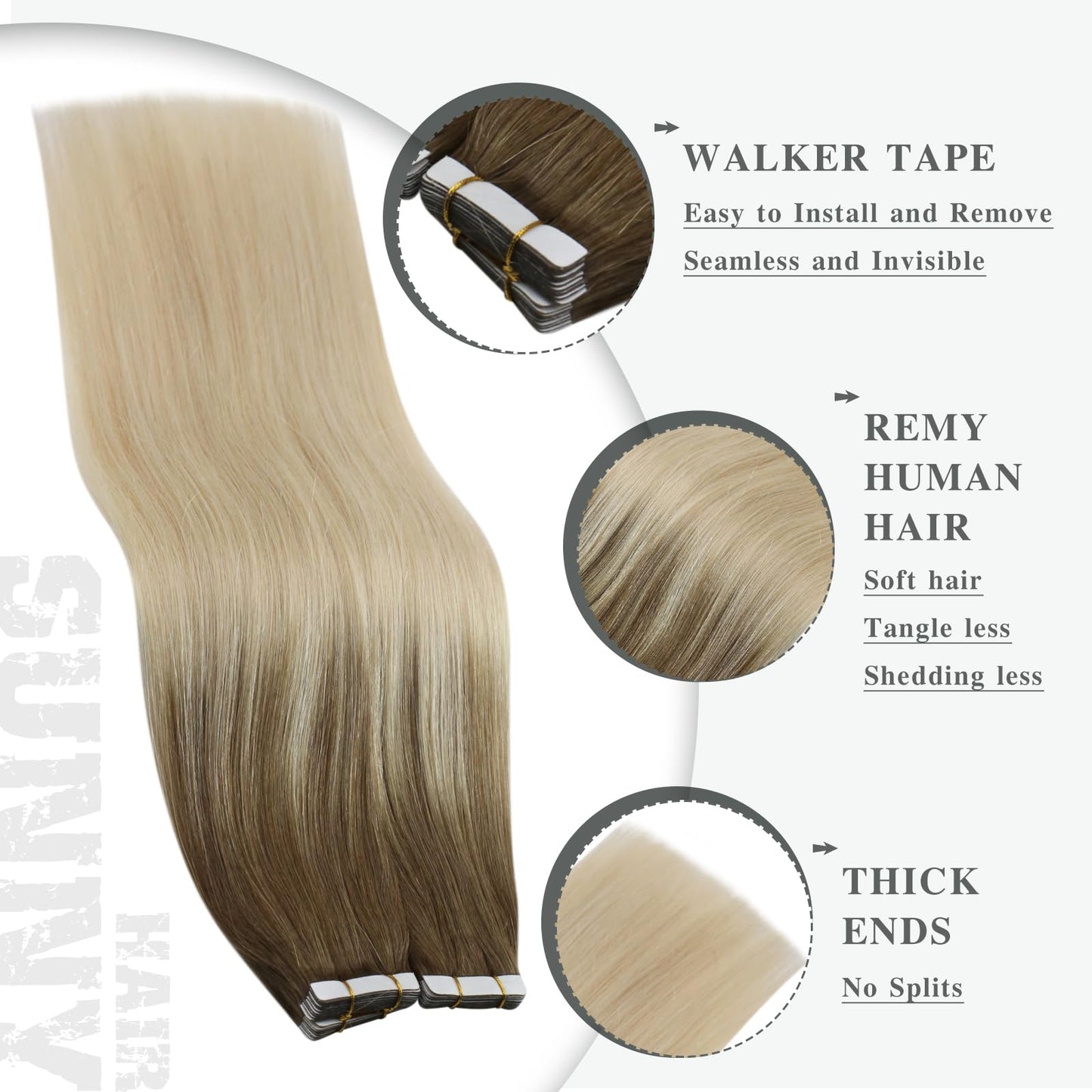 Ve Sunny Tape in Hair Extensions Real Human Hair Invisible Remy Human Hair Straight Tape Ins Double Sided Light Brown Root to Pl