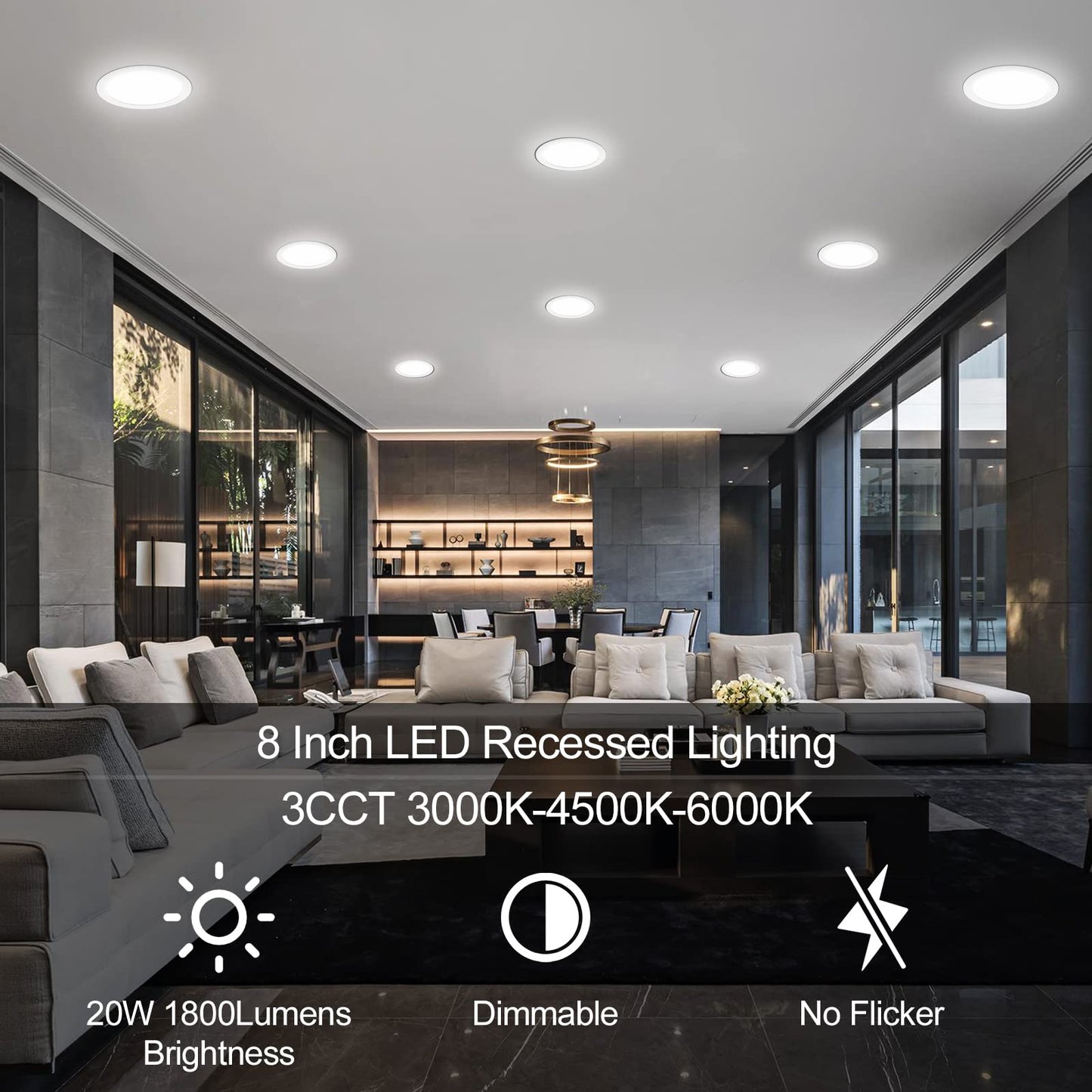 LZHOME 8 Inch Recessed LED Light: 18 Packs Ultra Thin LED Recessed Lighting with Junction Box, 3000K/4500K/6000K Selectable, 2700K-5000K, High Brightness 1800LM Dimmable Canless LED Downlight