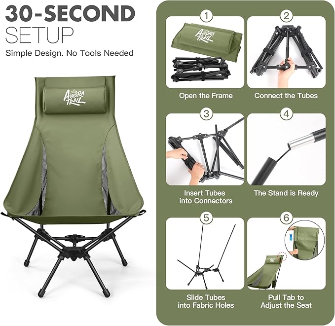 AuroraTrail High Back Folding Camping Chair with Pillow – Lightweight Portable Outdoor Chair with Cup Holder & Carry Bag, Sturdy Aluminum Frame Supports up to 374 lb for Camping, Hiking & Festivals