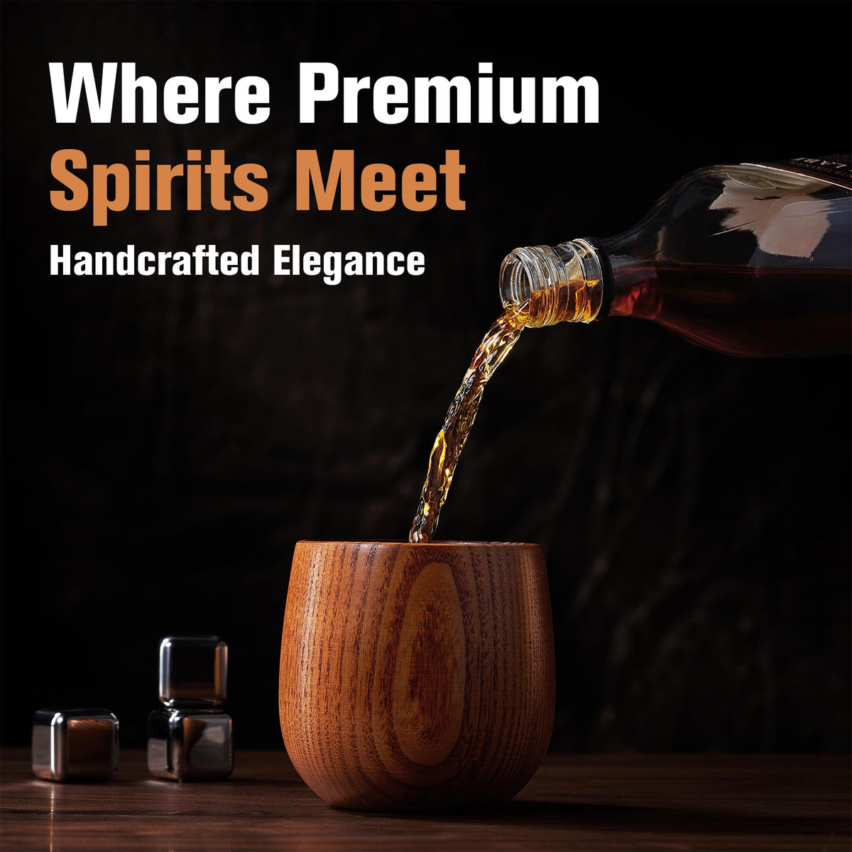 Charred Wooden Bourbon Drinking Glass, 2 Handcrafted Whiskey Tumblers | Bourbon Gifts for Men | Charred Old Fashioned Glass | Unique Whiskey Gifts for Men, Dad, or Brother - Includes 6 Metal Ice Cubes