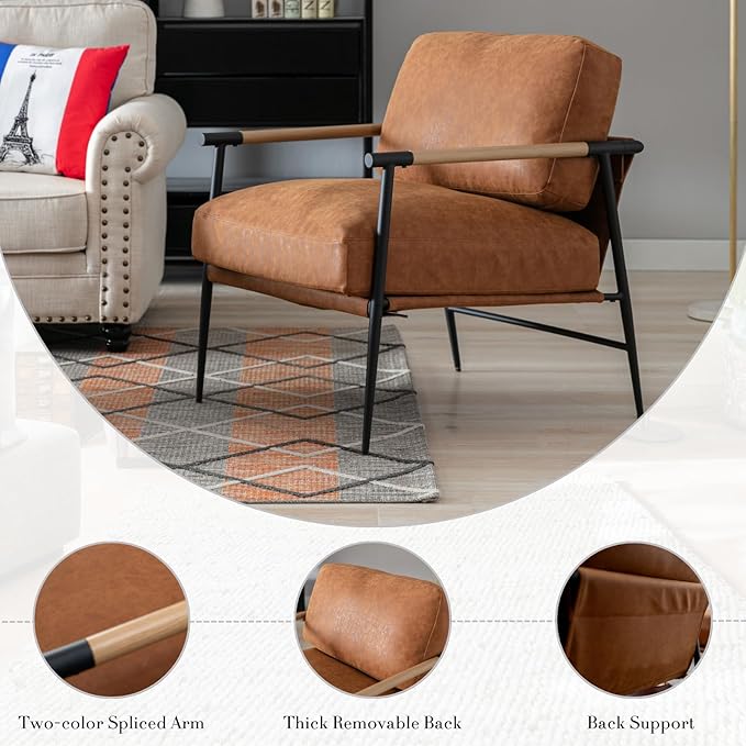 HEAH-YO Modern Accent Chair Set of 1, PU Faux Leather Living Room Chair with Backrests and Metal Legs, Comfy Reading Side Armchair for Bedroom, Brown