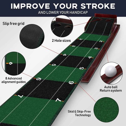HUAEN Putting mat for Indoors,Golf Practice Putting Green with Ball Return,Office Putting matt,Gift for Golf Lovers