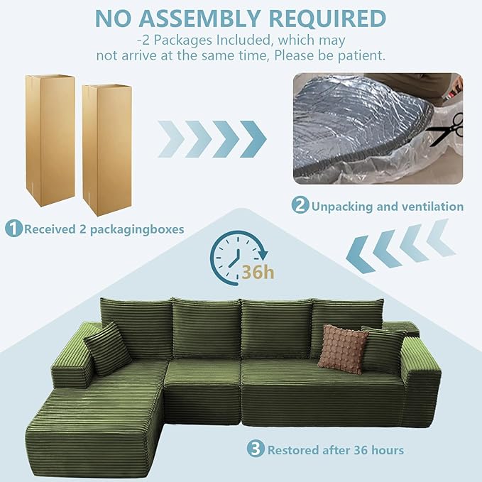 135.4" Cloud Sectional Couch with L-Shape Chaise, Modern Corduroy Boneless Couch for Living Room,Memory Foam Sofa with Deep Seat,No Assembly Required (Green,Left-Facing Chaise)