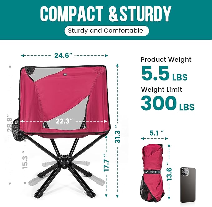 TCEK Adjustable Portable Camping Chair RiseLite Lightweight Compact Folding Chair for Adults, Collapsible Camp Chairs That Folds Up Small, Easy Carry for Travel, Outdoor, Sports, Backpacking, Hiking