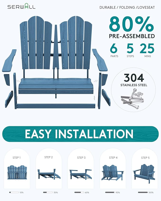SERWALL 3 Pieces Patio Adirondack Bench Set, 2 Folding Adirondack Bench and 1 Coffee Table Set for Front Porch Garden Balcony Backyard, Navy