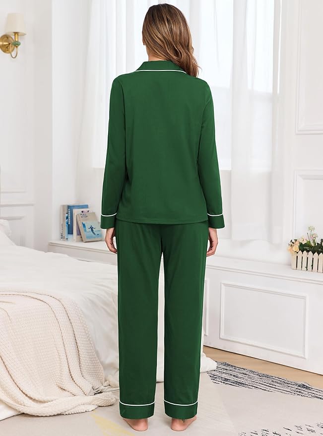 Veseacky 100% Cotton Pajamas for Women Set Long Sleeve Button Down Sleepwear Soft Pjs Lounge Sets with Pockets XS-XXL
