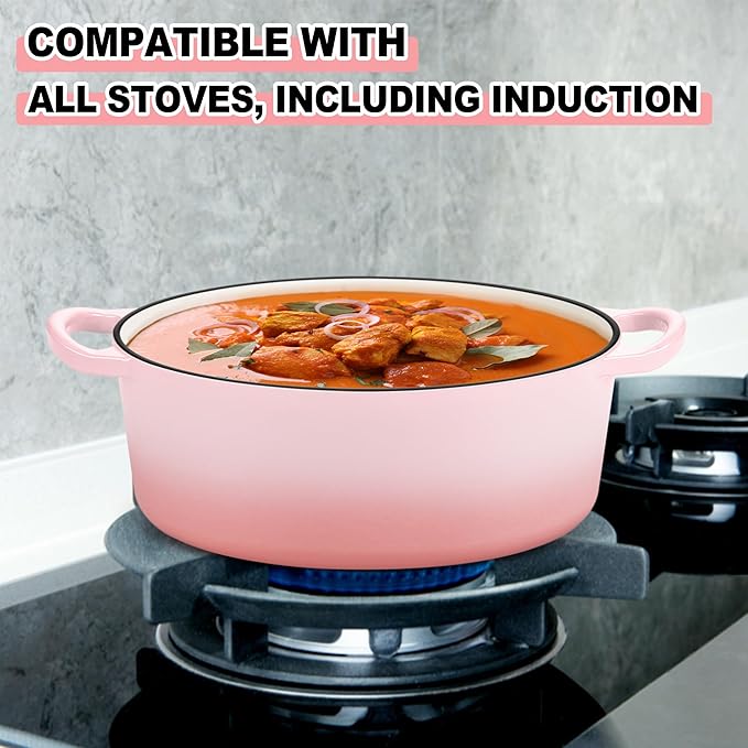 E-far 7QT Oval Dutch Oven Pot with Lid, Enameled Cast Iron Dutch Oven with Dual Handles, Heavy-Duty Cookware for Sourdough Bread Baking, Braising, Stews, Oven Safe & Easy Clean, Pink