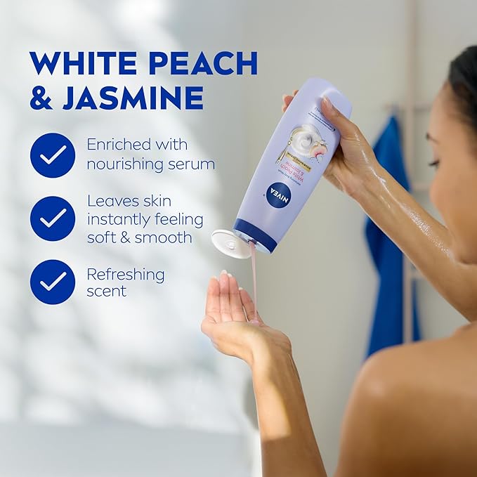 NIVEA Refreshing White Peach and Jasmine Body Wash with Nourishing Serum, Scented Body Wash for Women, Enriched with Provitamin B5 and Vitamin E, 20 Fl Oz Bottle (Pack of 2)