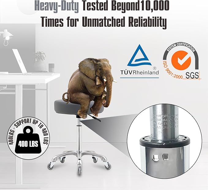 Ainilaily Rolling Stool with Wheels, Heavy Duty 400 lbs Stool for Shop Guitar Lab Tattoo Workbench Medical, Adjustable Swivel Chair (Grey)