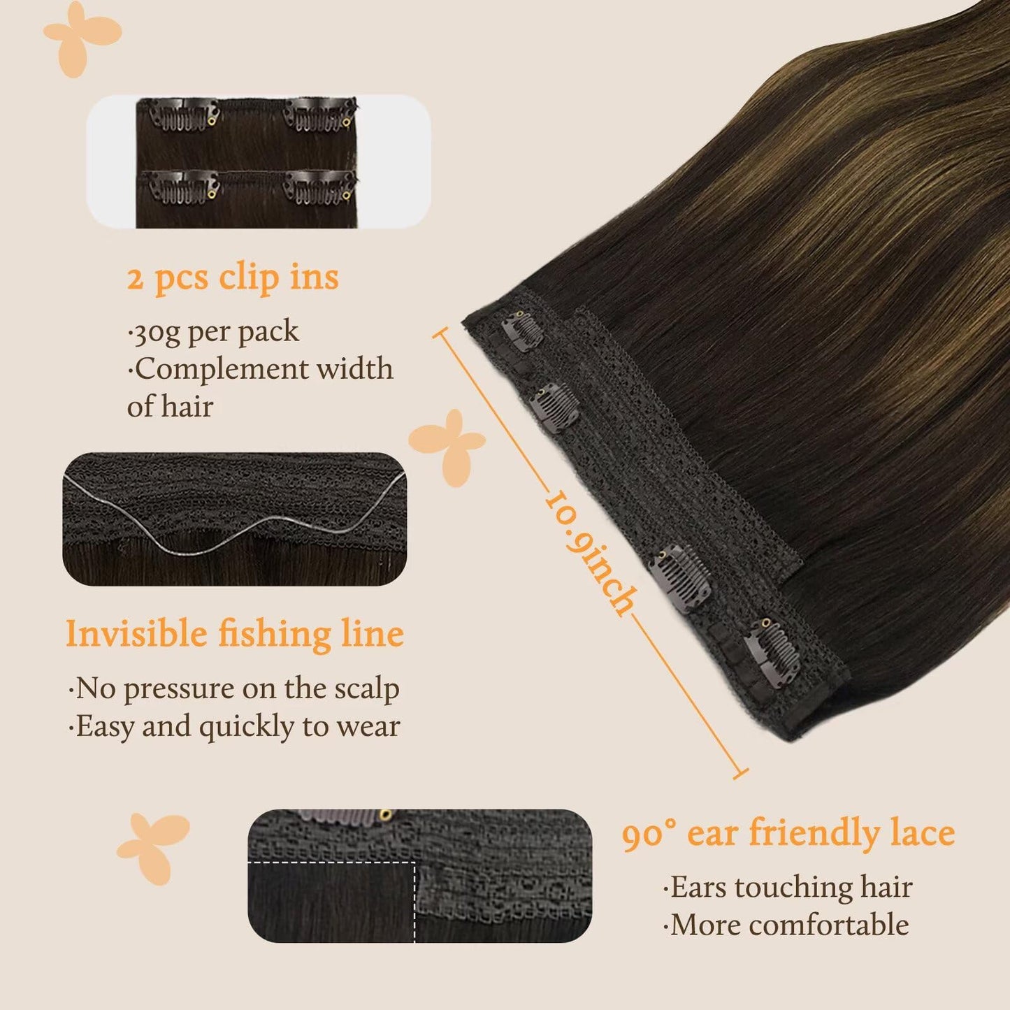 DOORES Wire Hair Extensions, Balayage Chocolate Brown to Honey Blonde 12 Inch 70g Fish Line Weft Extensions and 2pcs 30g Clip in