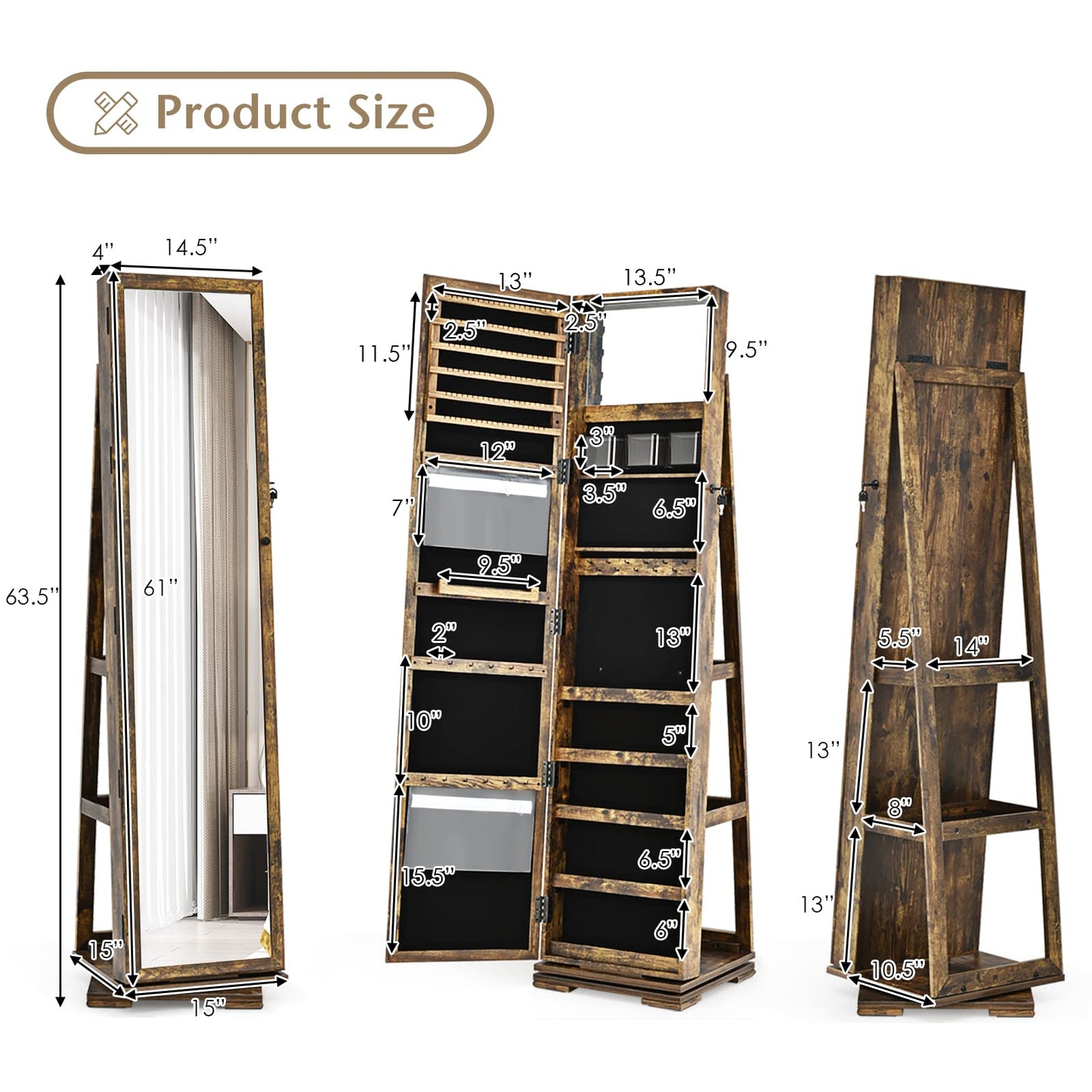 COSTWAY 360 Rotating Jewelry Armoire Cabinet, Standing Jewelry Organizer w/Full-Length Mirror & Large Storage Space, Lockable Mirror Jewelry Cabinet for Girls Women (Rustic Brown)