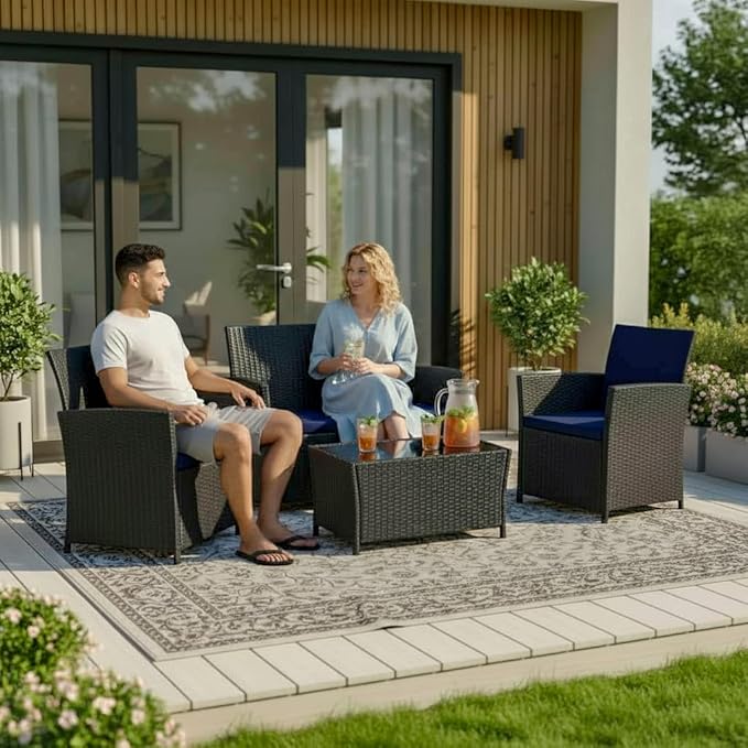 FHFO 4 Piece Outdoor Patio Furniture Sets, Outdoor Sectional Furniture Wicker Conversation Sofa Set for Outside Balcony Porch Backyard (Black-Blue)