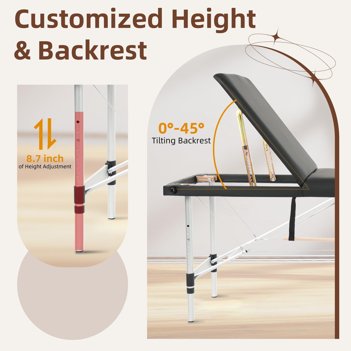 ABET Massage Table, 3 Fold Portable Professional Lash Tattoo Spa Bed, Height Adjustable 23.5" Wide Compact Facial Table with Detachable Oil Pocket Towel Rod Face Cradle Armrest, Aluminum Feet & Black