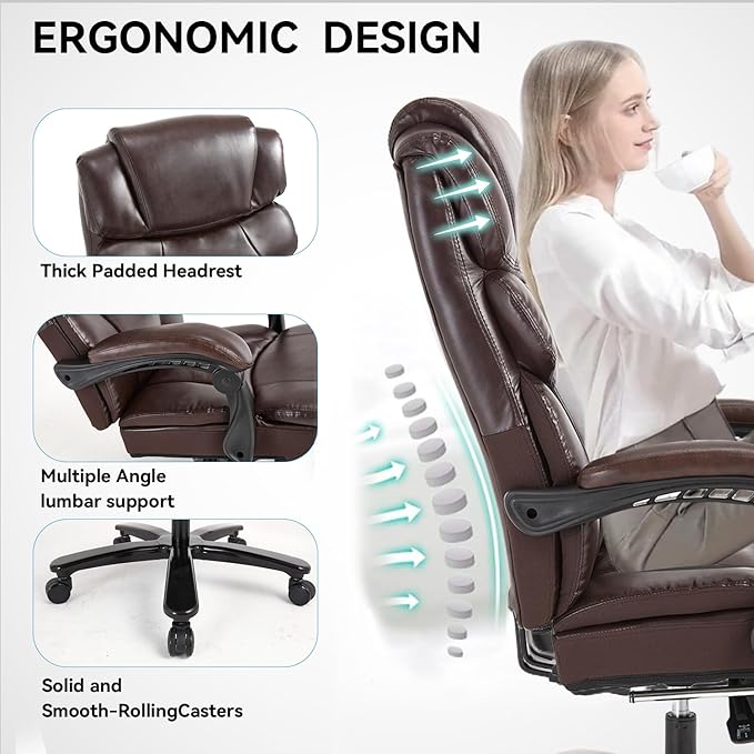 KCREAM 550lbs Heavy Duty Office Chair with Wide Seat,Big and Tall Executive Office Chair,Ergonomic Reclining Desk Chair with Footrest,PU Leather Computer Chair for Home and Office Use,Brown