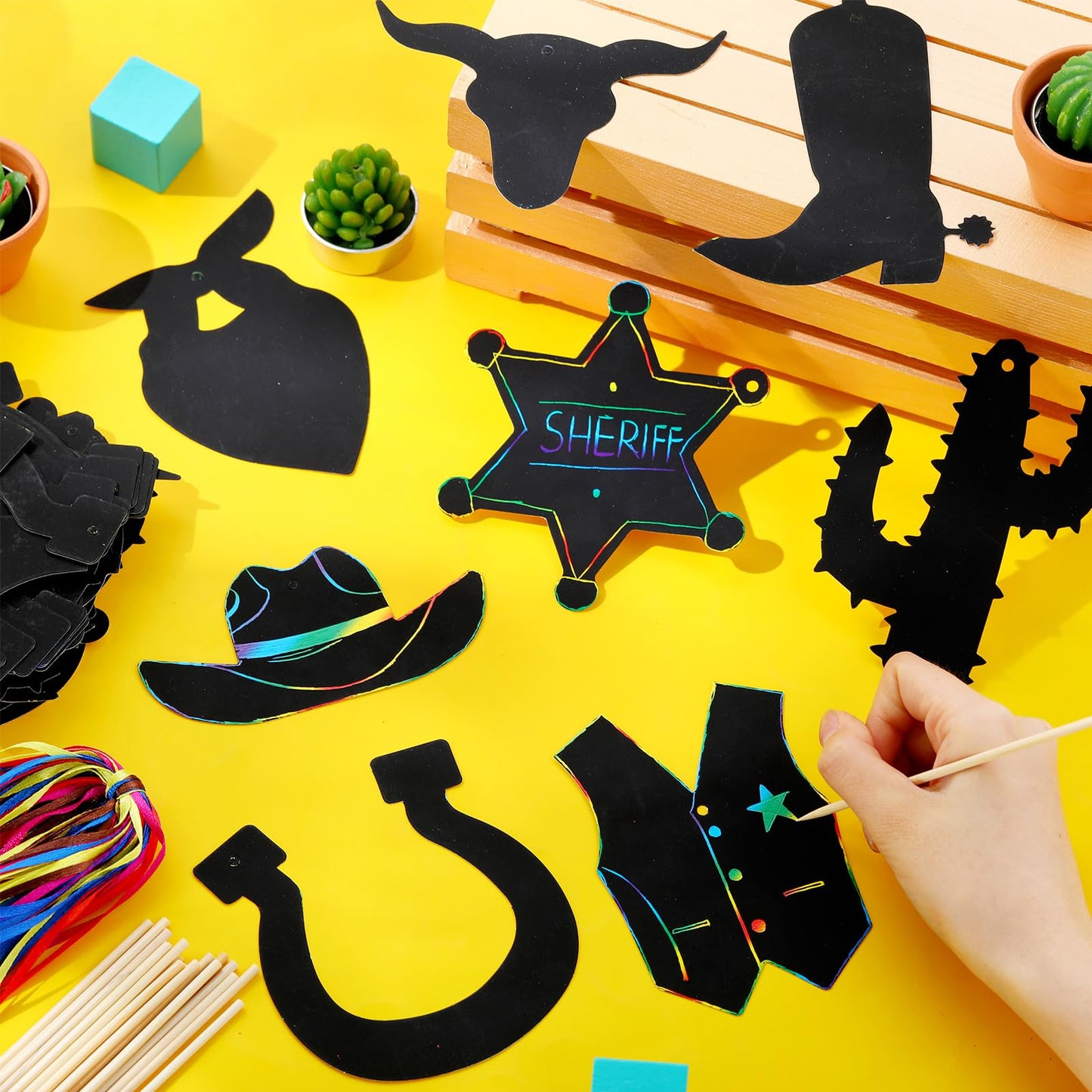 Hungdao 80 Pcs Western Cowboy Scratch Cards for Kids Colorful Rainbow Cowboy Scratch Paper Art with Wooden Stylus for Western Theme Birthday Party Classroom DIY Activities (Classic Style)