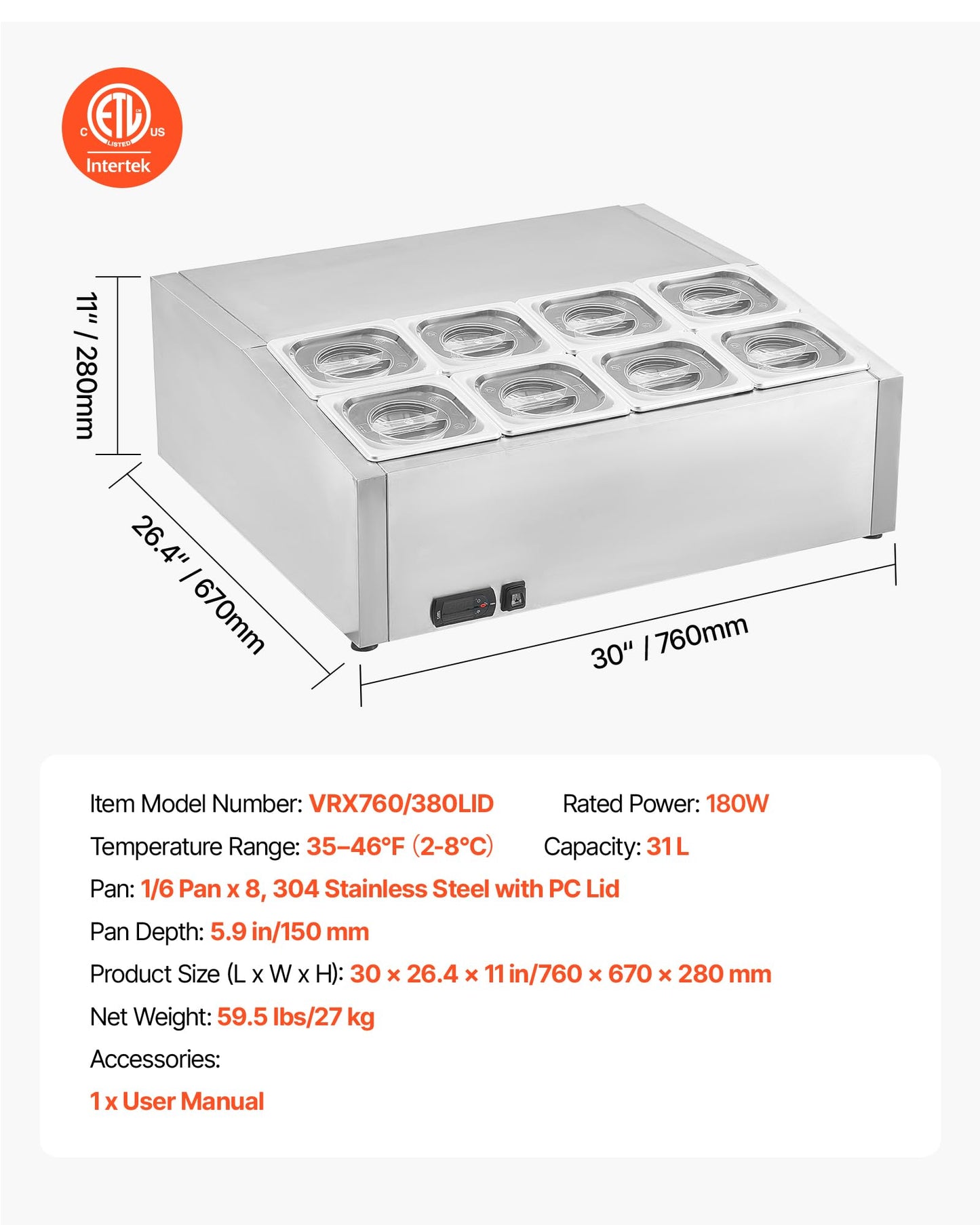 VEVOR Refrigerated Condiment Prep Station, 150 W Countertop Refrigerated Condiment Station, with Eight 1/6 Pans, 304 Stainless Body and PC Lid, Sandwich Prep Table, for Restaurant & Food Stall