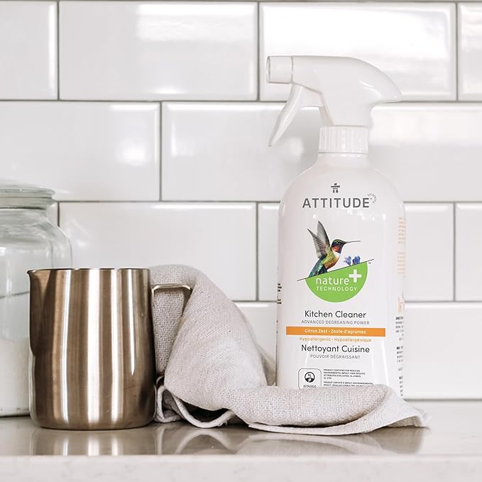 ATTITUDE Kitchen Cleaner Spray, EWG Verified, Powerful Degreaser, Cuts Grease & Grime, Plant-Based & Vegan, Citrus Zest Scent, 27.1 Fl Oz