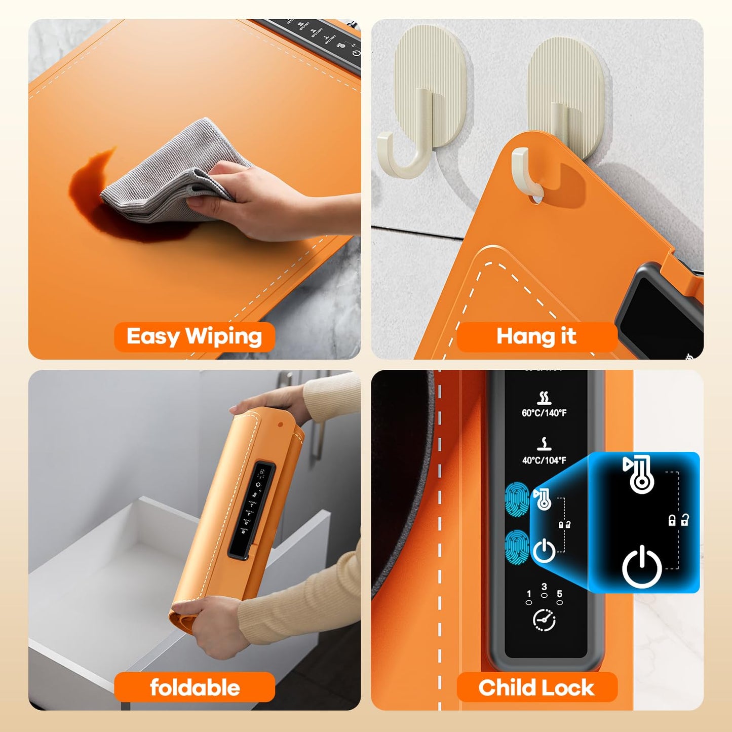 Food Warming Mat for Buffet,Electric Warming Tray with 4 Temperatures Setings and 1/3/5h Timer,Full Surface Heating Food Warmers for Parties Buffets Holidays Daily Use to Keep Food Warm(Orange)