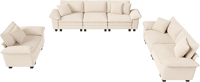 MIXPATIO U-Shaped Cloud Modular Sofa Set, Deep Seat 3-Piece 6-Seater Sectional Couch & Removable Arms, Plush Corduroy for Living Room - Beige