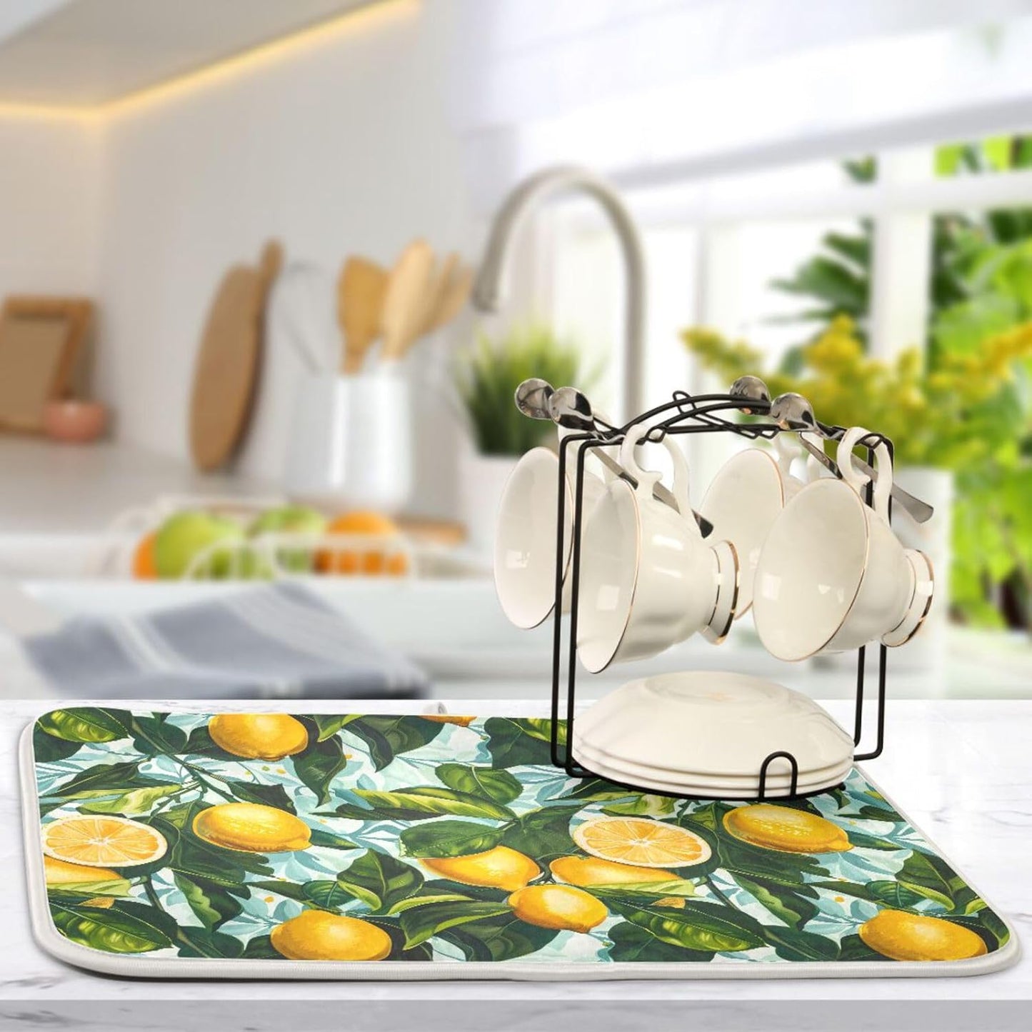 ALAZA Dish Drying Mat, Lemon Leaves Absorbent Dish Drying Pads for Kitchen Countertop 16 x 18 inches