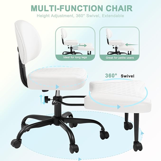 GUNJI Ergonomic Criss Cross Legged Office Chair, 360° Swivel Meditation Kneeling Chair with Wheels, ADHD Chair with Footrest, Lumbar Support, Wider Height Adjustable Seat (Faux Leather, White)