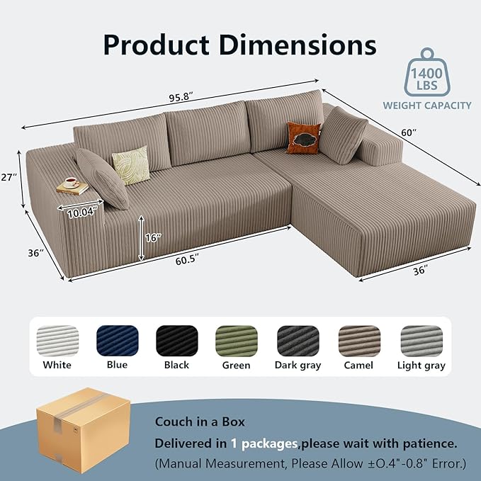 96" Cloud Sectional Couch with L-Shape Chaise, Modern Corduroy Boneless Couch for Living Room,Memory Foam Sofa with Deep Seat,No Assembly Required (Camel,Right-Facing Chaise)