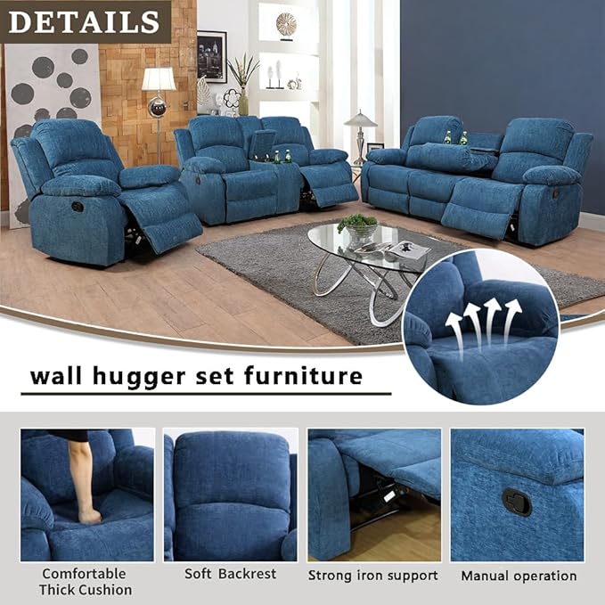 A Ainehome Living Room Furniture Set Recliner Sofa Set Loveseat Chair Furniture Sofa Set for Living Room/Small Space/Rv/House/Office/Theater Seating (A-Blue Microfiber, 3 Piece Set)