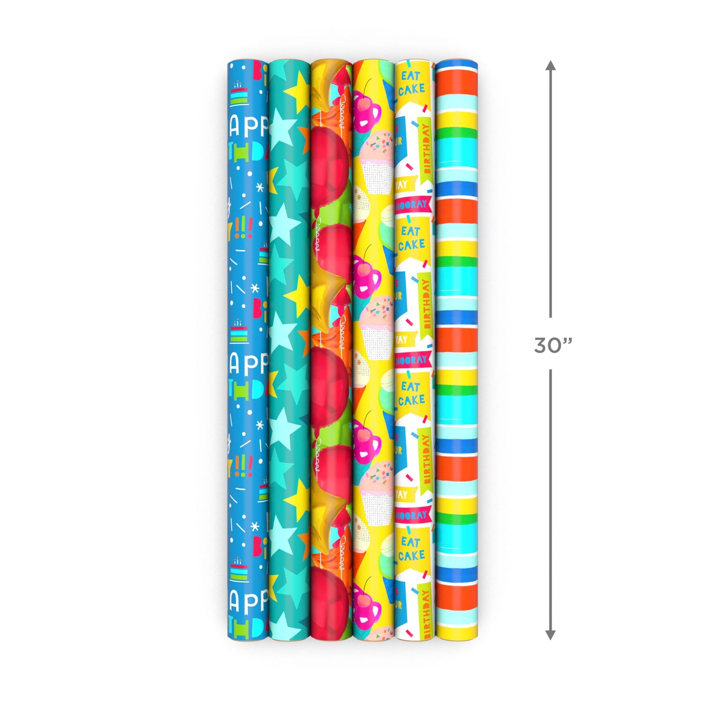 Hallmark Birthday Wrapping Paper Rolls - Stars, Stripes, Balloons, Cupcakes, "Happy Birthday" Gift Wrap Paper (Set of 6 Rolls: 180 sq. ft. ttl.)