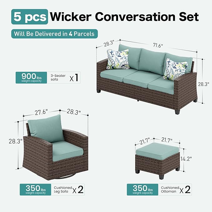SUNSHINE VALLEY Swivel Glider Patio Furniture Set Outdoor Furniture Brown Wicker Rattan Patio Conversation Sets with Cushion Outside Sofa Set,5 Pieces 7 Seats,Blue