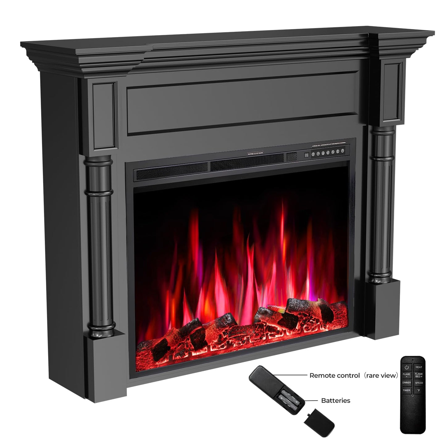 55in Electric Fireplace with Mantel, TV Stand with Freestanding Electric Fireplace, Remote Control, 12 Color Adjustable Flame, 1-8H Timer, 750W/1500W Black