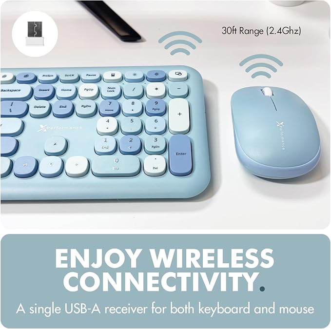 X9 Cute Keyboard and Mouse Combo - Transform Your Space with a Colorful Blue Wireless Keyboard and Mouse Retro Set (110 Keys and 18 Shortcuts) - Aesthetic Keyboard for PC Computer, Laptop