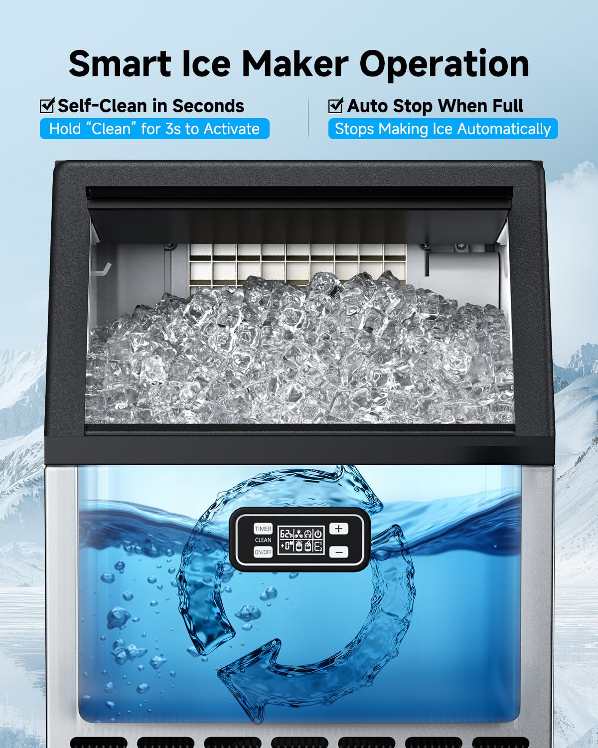 Feelfunn Commercial Ice Maker Machine - 150 LBS/24H, 33lbs Storage Capacity, Stainless Steel Freestanding & Under Counter Ice Maker with Self-Cleaning, 24H Timer, Ideal for Home Bar Office Restaurant