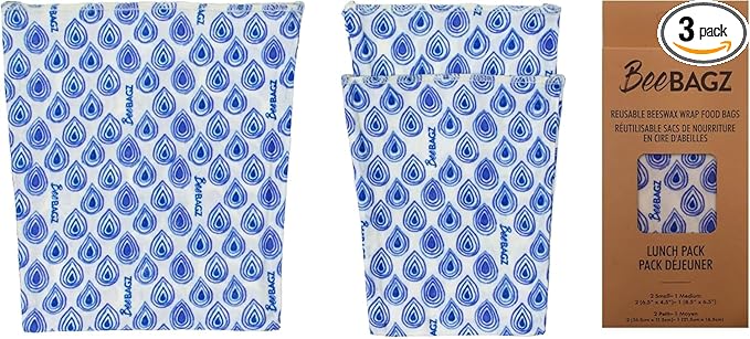 Beeswax Wrap Storage Bag, Reusable Food Storage Bags, Pack of 3, Plastic Free Biodegradable Food Wrap Alternative, Lunch Pack, 2 Small + 1 Medium (Blue)