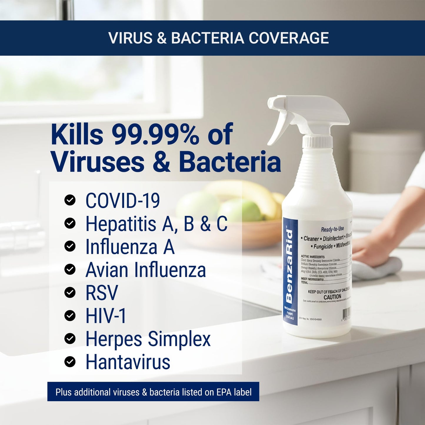 BenzaRid Hospital Disinfectant Virucide Spray Kills 99.99% of MRSA, COVID-19, H5N1, Staph, Avian Flu, Bacteria & Mold | EPA Reg. for Medical, Dental, Veterinary, Farm & Home Use 32 oz
