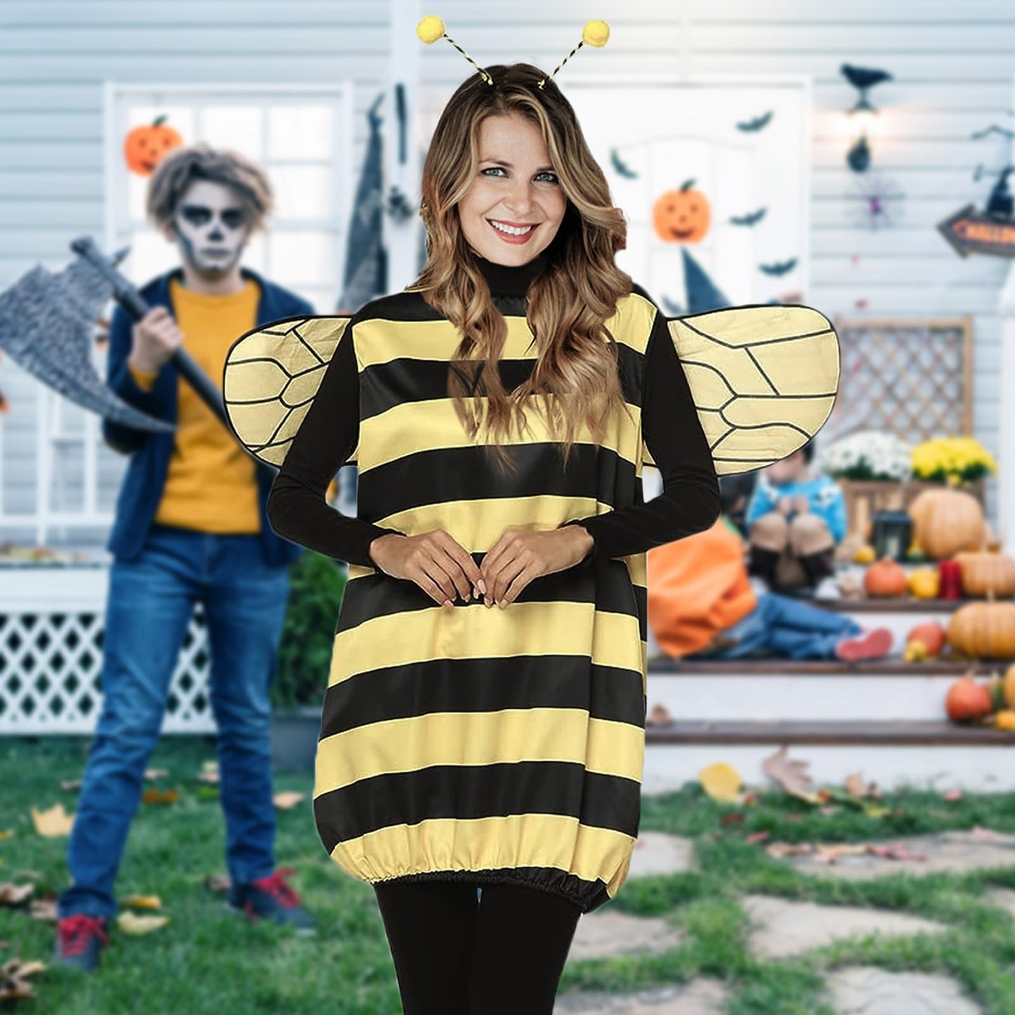 TUSAUW Bee Costume Toddler Halloween Costumes for Girls Womens Kids Adults Halloween Cosplay Costume Role Play Dress Up with Headband Jacket Wings Leggings for Halloween Theme Party(Size L)