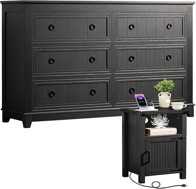 Joaxswe Farmhouse Dresser and Nightstand Sets, Furniture 18" Night Stand with Charging Station and 6 Drawers Dresser for Bedroom, 54" Dressers and Nightstand Set for Bedroom, Living Room