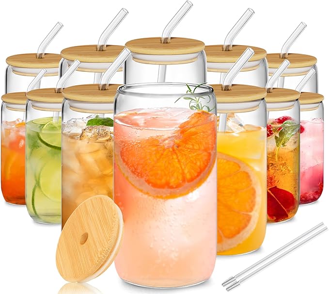 12Pcs Glass Cups with Lids and Straws - 16oz Can Shaped Drinking Glasses Set, Iced Coffee Cup, Beer Glasses Tumbler for Ju...