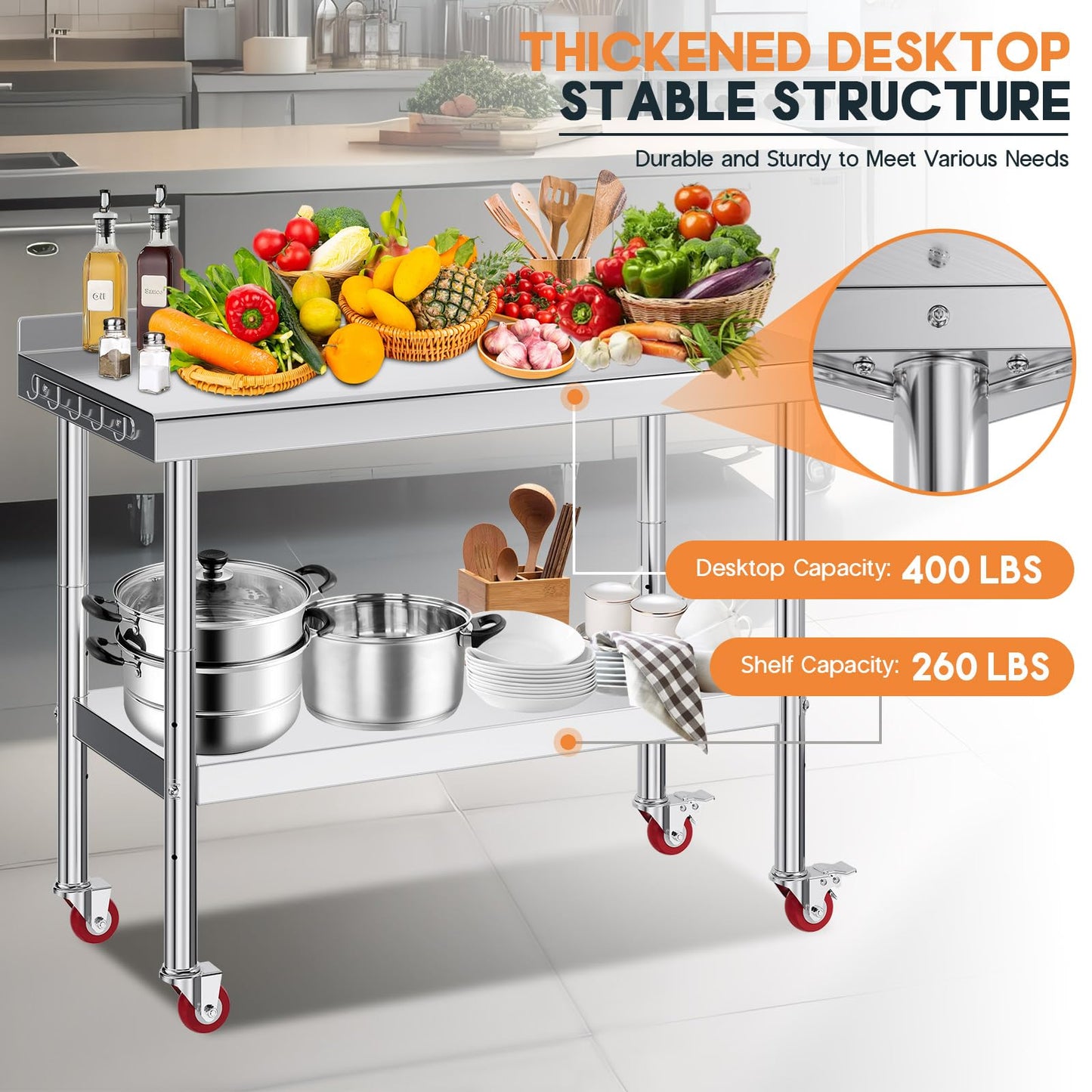 Jocisland 24" x 48" Stainless Steel Table for Prep & Work with Backsplash and Wheels, Adjustable Under Shelf & Safe Design for Restaurant, Home and Outdoor