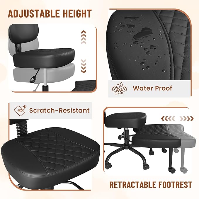 Homall Ergonomic Cross Legged Office Desk Chair with Wheels, 360° Swivel and Adjustable Height for Meditation and ADHD,Criss Cross Kneeling Chair with Lumbar Support (Leather, Black)