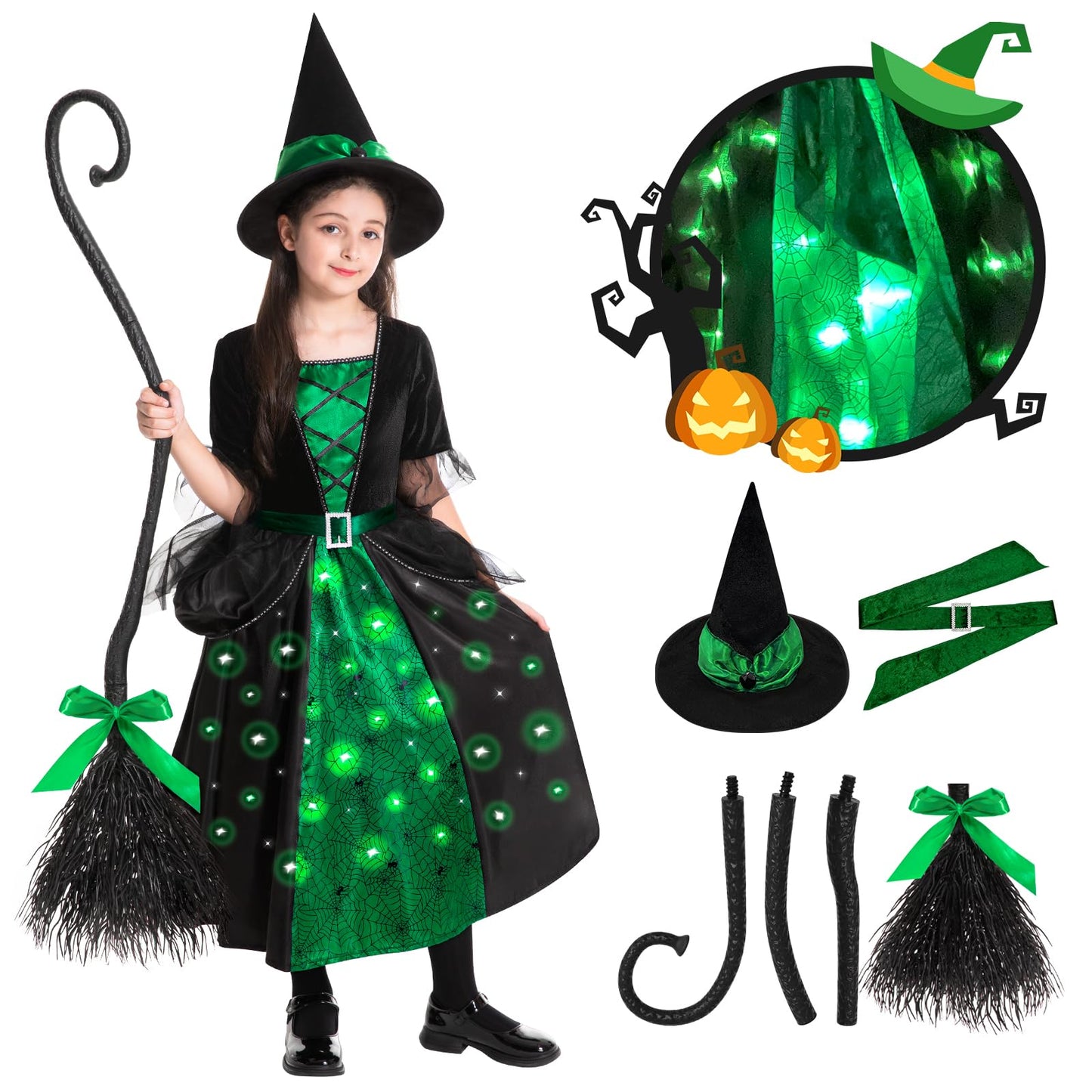 Poshetion Witch Halloween Costumes for Girls, Toddler Light Up Witch Dress with Witch Broom and Hat, Kids Witch Costume Glow in the Dark for Wicked Halloween Dress-Up Party (Green-T)