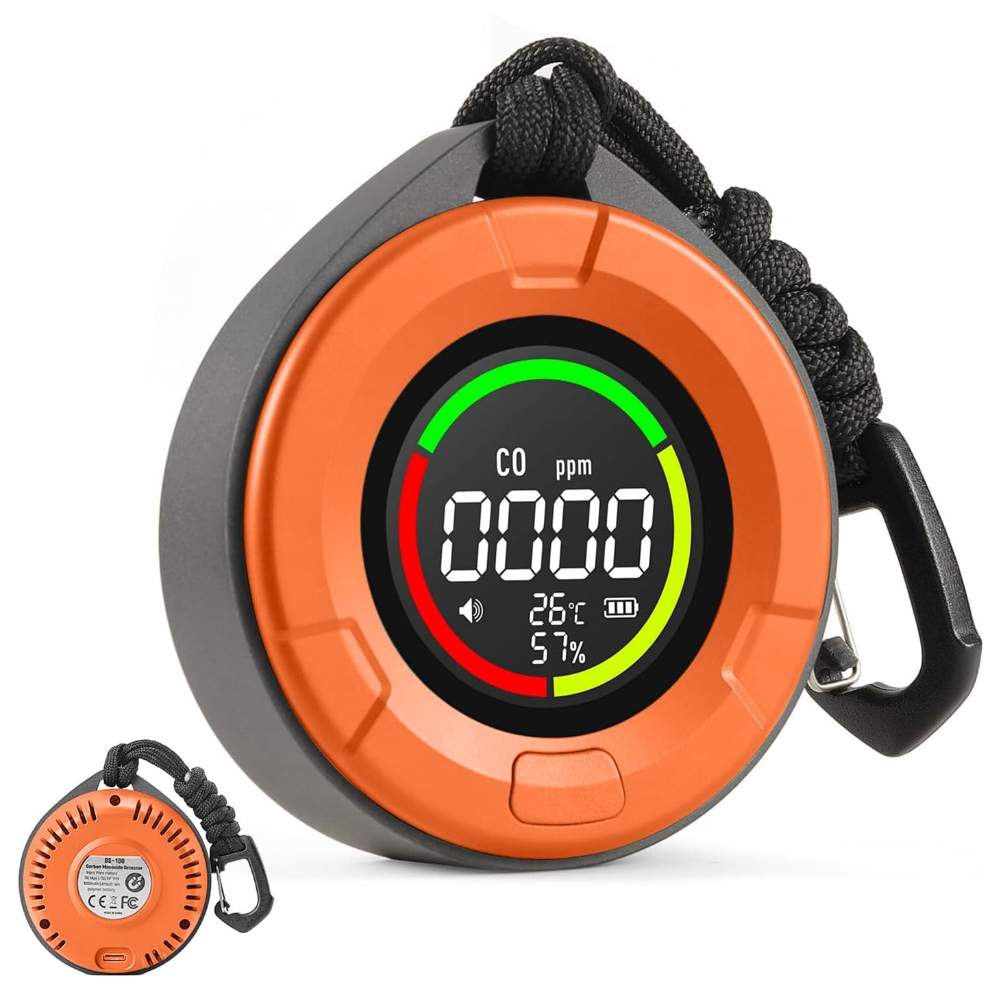 3-in-1 Portable Carbon Monoxide Detector for Travel, Portable Travel CO Detector Rechargeable CO Alarm with Temperature & Humidity Display, Travel Carbon Monoxide Detectors for RV, Camping (Orange)