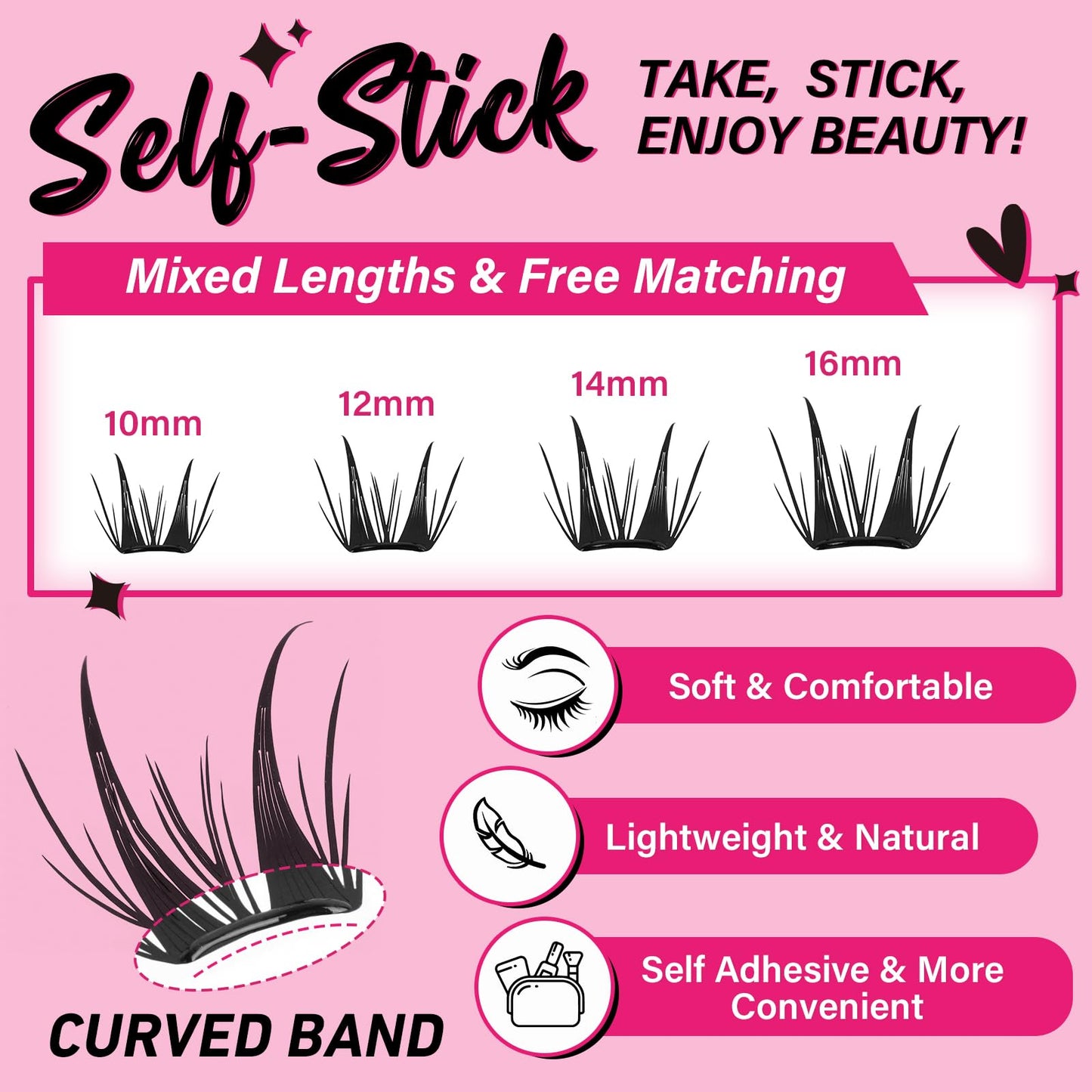 PRO Self Adhesive False Eyelashes,Lash Clusters No Glue Needed Pre Glued No Remover,1 applicator,Easy to Apply, Curved-Thin Band