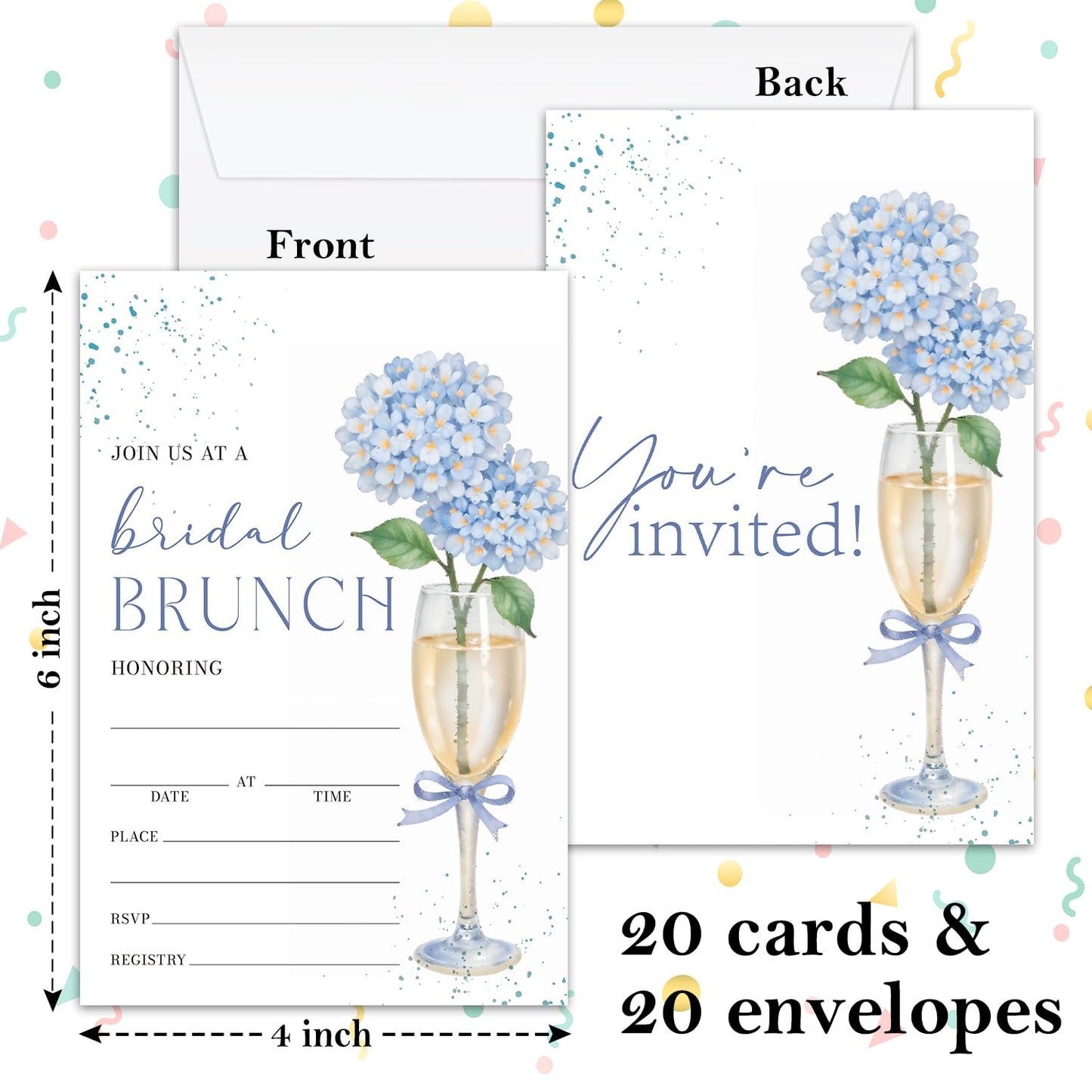 Blue Hydrangea Bridal Shower Invitations, Engagement Invitation Cards, Champagne Glass and Floral Invite For Bridal Shower, 25 Double-Sided Fill in Invitation With Envelopes Celebration Party Supplies
